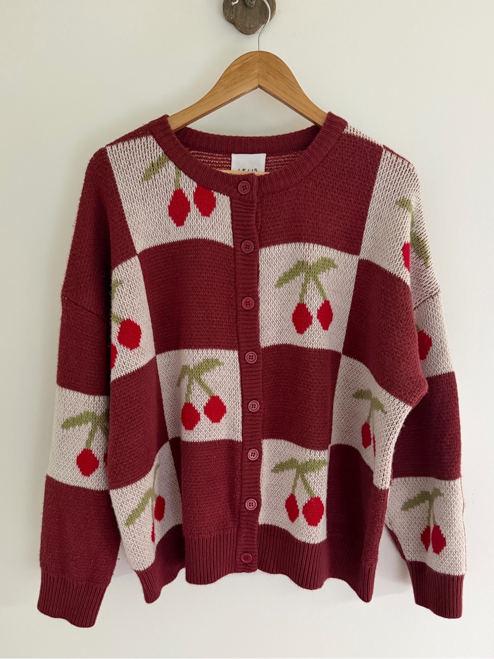 Le Lis Cherry Checkerboard Oversized Cardigan Burgundy Cream M